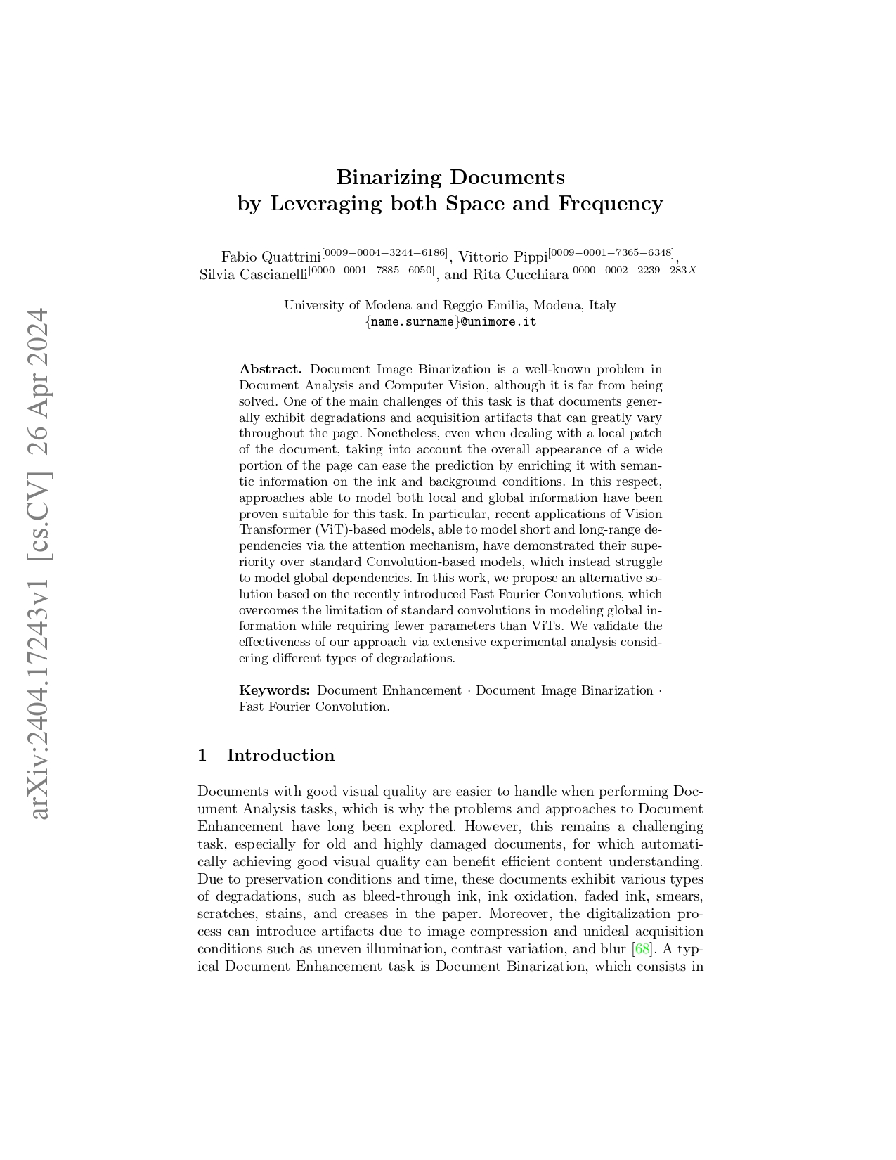 Binarizing Documents by Leveraging both Space and Frequency
