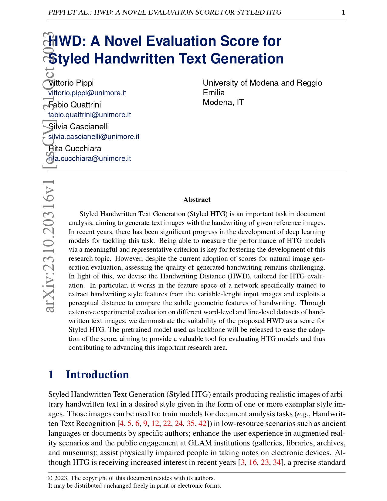 HWD: A Novel Evaluation Score for Styled Handwritten Text Generation
