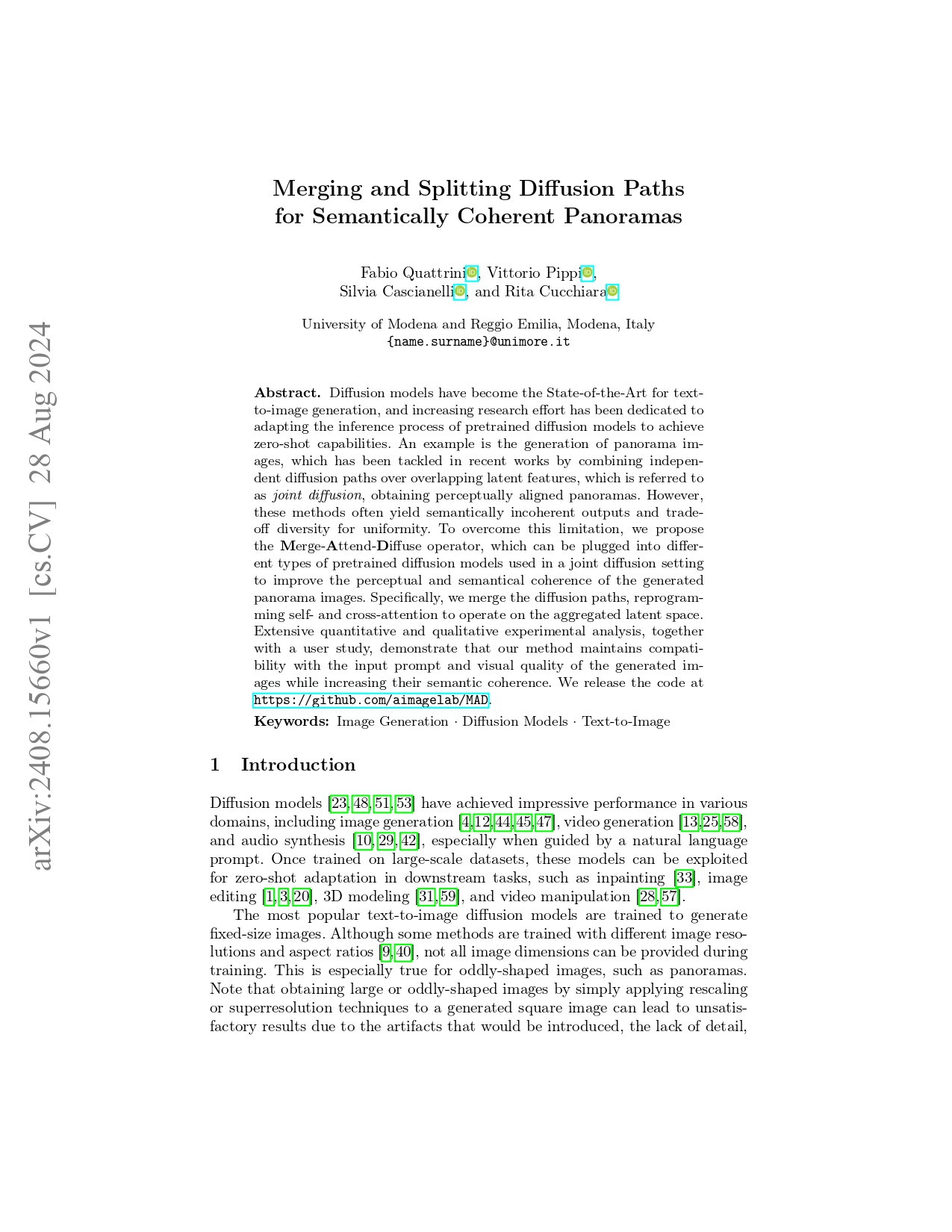 Merging and Splitting Diffusion Paths for Semantically Coherent Panoramas